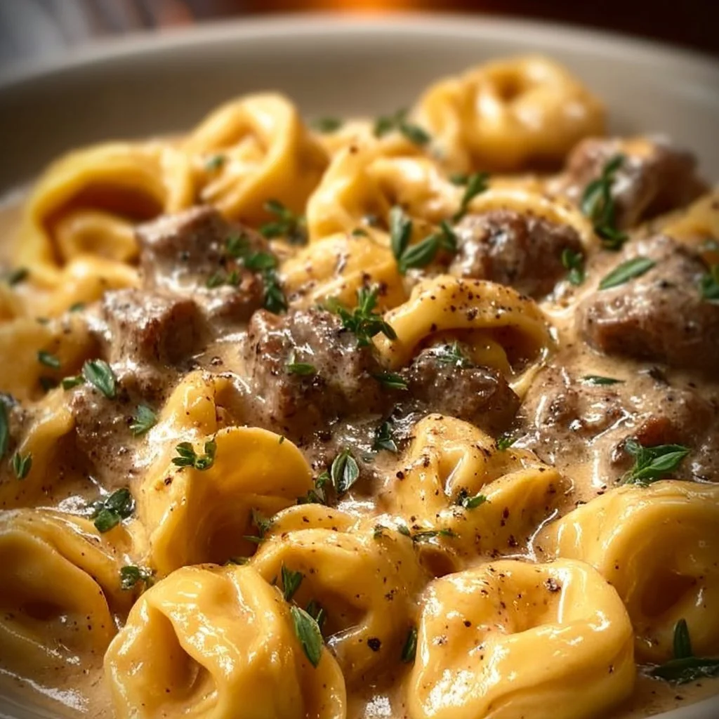 Cheesesteak Tortellini in Creamy Provolone Sauce Delight