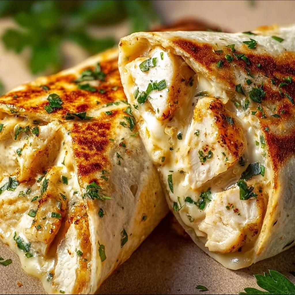 Cheesy garlic chicken wraps with fresh ingredients and melted cheese