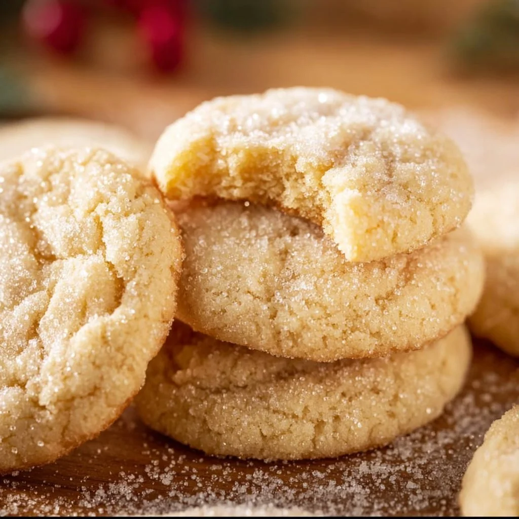 Freshly baked chewy sugar cookies on a cooling rack.