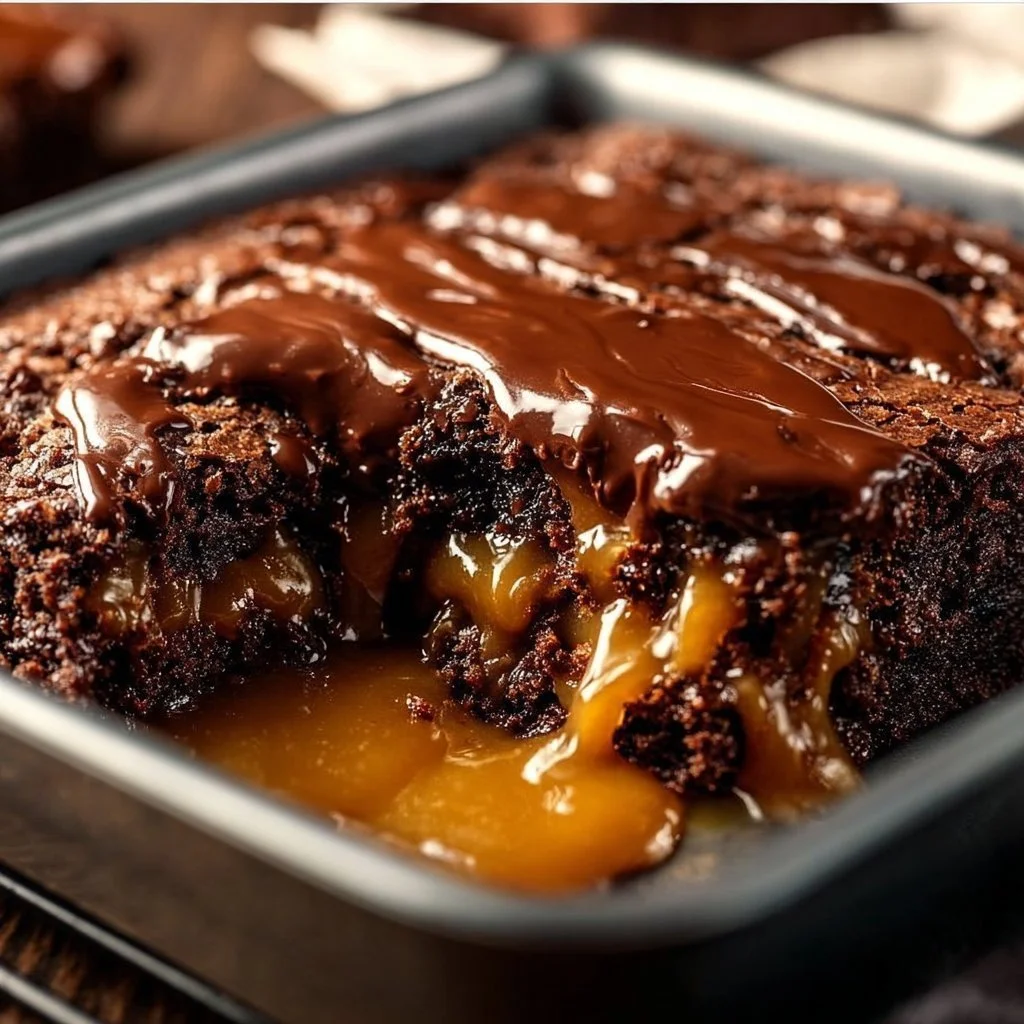 Delicious Chocolate Caramel Dump Cake topped with melted chocolate and caramel