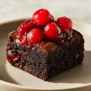 A slice of rich chocolate cherry cake adorned with fresh cherries and chocolate shavings.