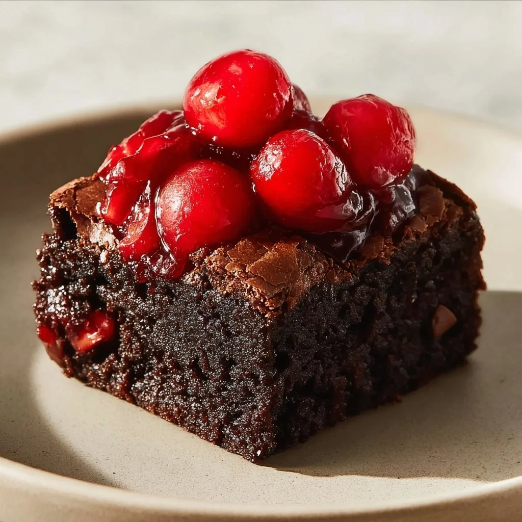 A slice of rich chocolate cherry cake adorned with fresh cherries and chocolate shavings.