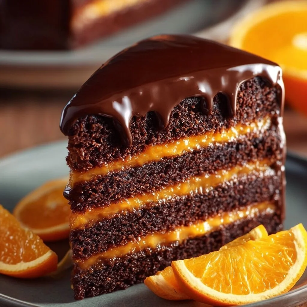 Delicious Chocolate Orange Layer Cake with glossy ganache topping