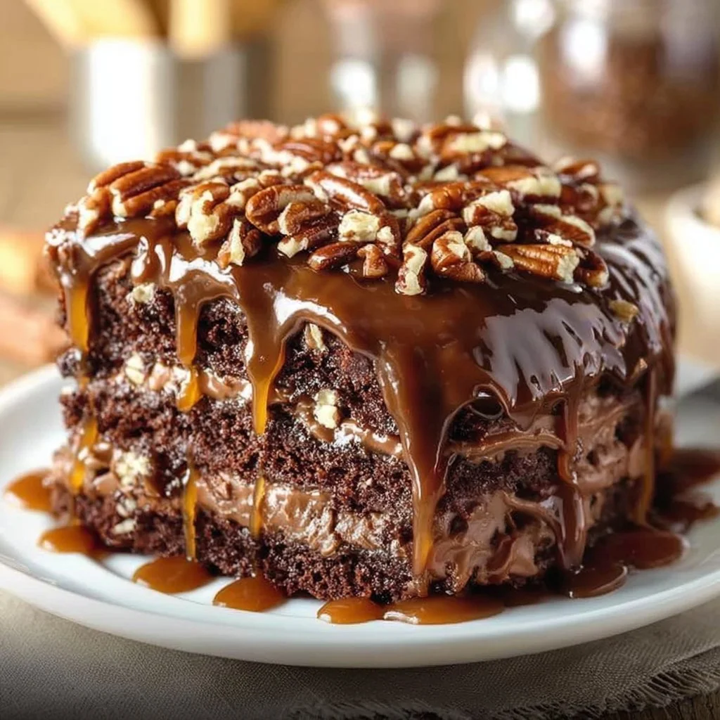 Delicious Chocolate Turtle Cake topped with caramel and pecans
