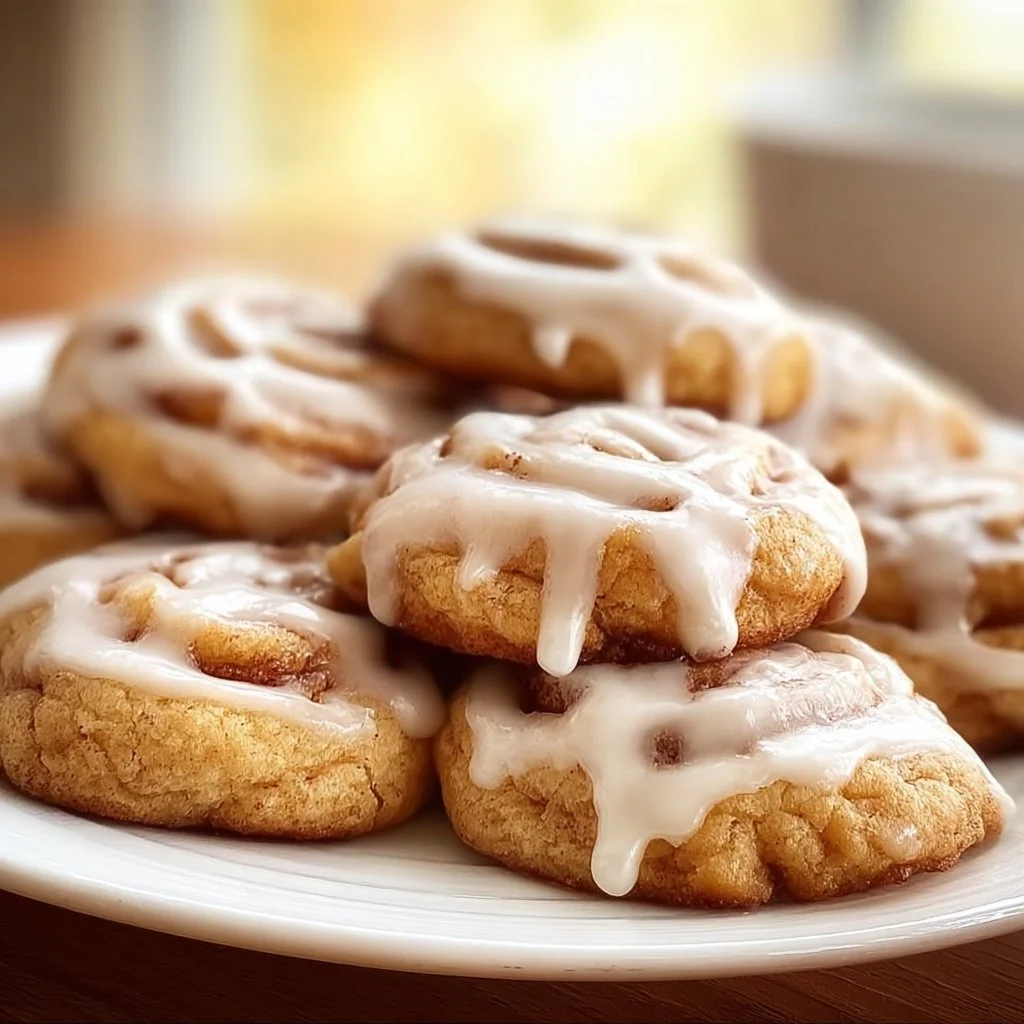 Freshly baked cinnamon roll cookies topped with icing on a baking tray.