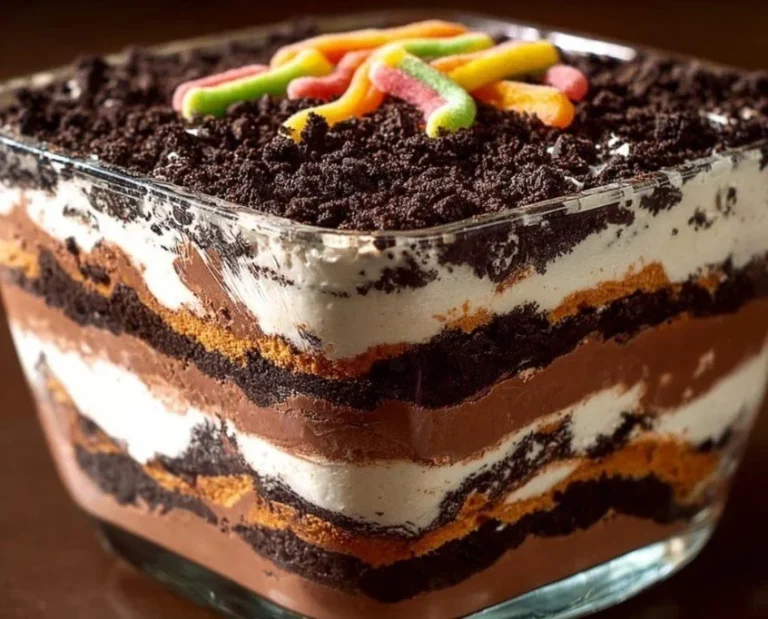 Delicious classic Dirt Cake with layers of chocolate and cookie crumbles.