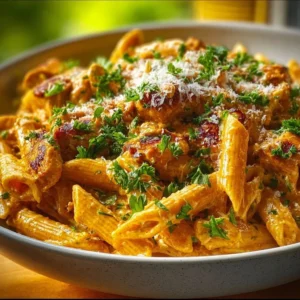 Cowboy Butter Chicken Pasta garnished with herbs in a bowl