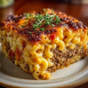 Cozy Mac and Cheese Meatloaf Casserole topped with melted cheese and herbs