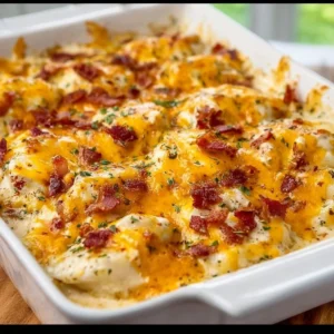 Crack Chicken Pierogi Casserole topped with cheese and herbs