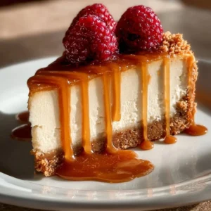 Creamy gingerbread cheesecake topped with caramel sauce in a festive presentation.