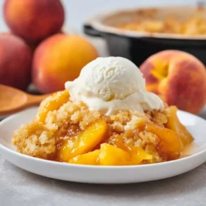 Crockpot Peach Dump Cake topped with a scoop of vanilla ice cream