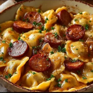 Delicious Crockpot Pierogi Casserole with Kielbasa served in a bowl