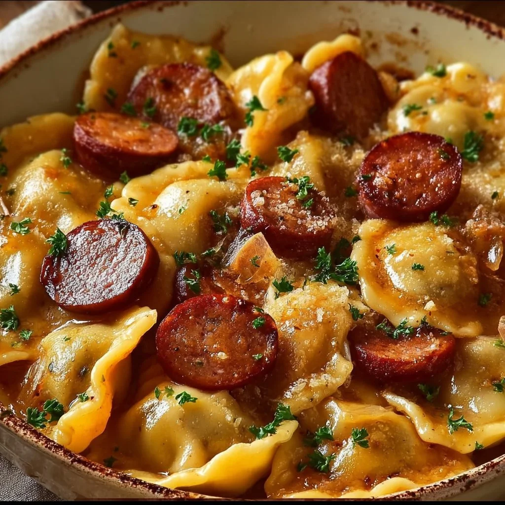 Delicious Crockpot Pierogi Casserole with Kielbasa served in a bowl