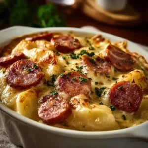Delicious Crockpot Pierogi Casserole with Kielbasa served in a dish