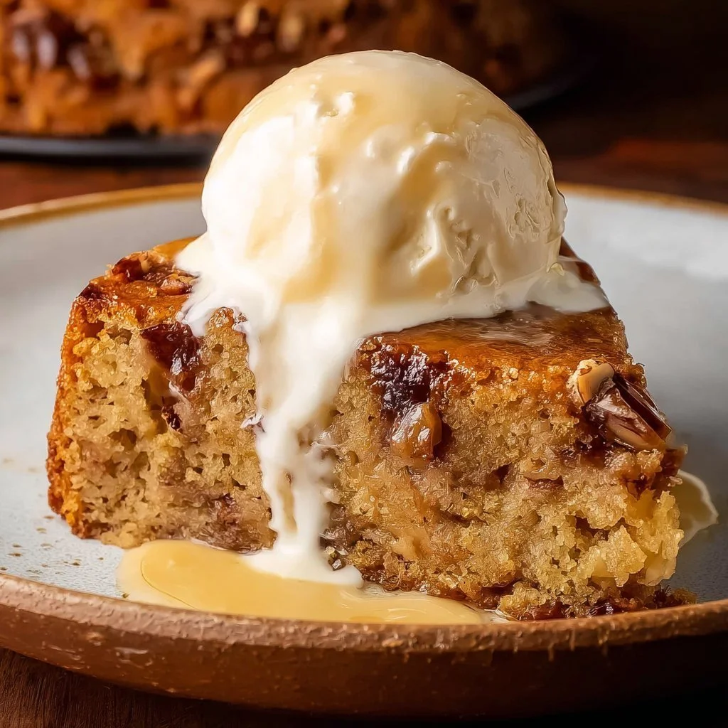 Delicious homemade date cake garnished with nuts and served on a plate