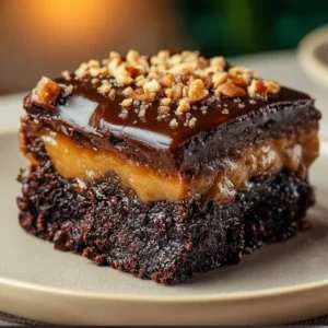 Decadent chocolate caramel dump cake topped with drizzled caramel