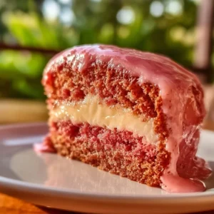 Delicious strawberry honeybun cake topped with creamy icing ready to be served
