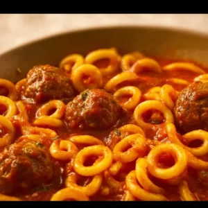 Homemade Spaghetti O's with meatballs in a bowl, a comforting meal.