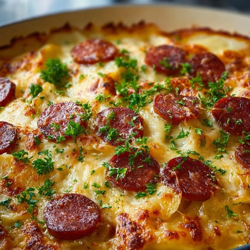 Delicious easy pierogi sausage casserole baked until bubbly and golden.