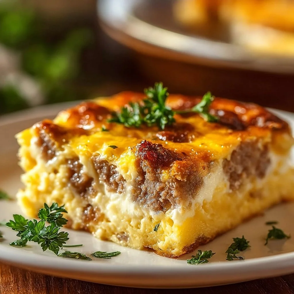 Delicious family-friendly sausage and egg casserole served on a plate