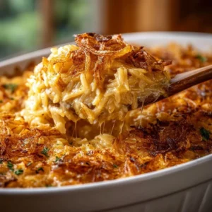 Delicious French onion chicken orzo casserole ready to serve in a baking dish.