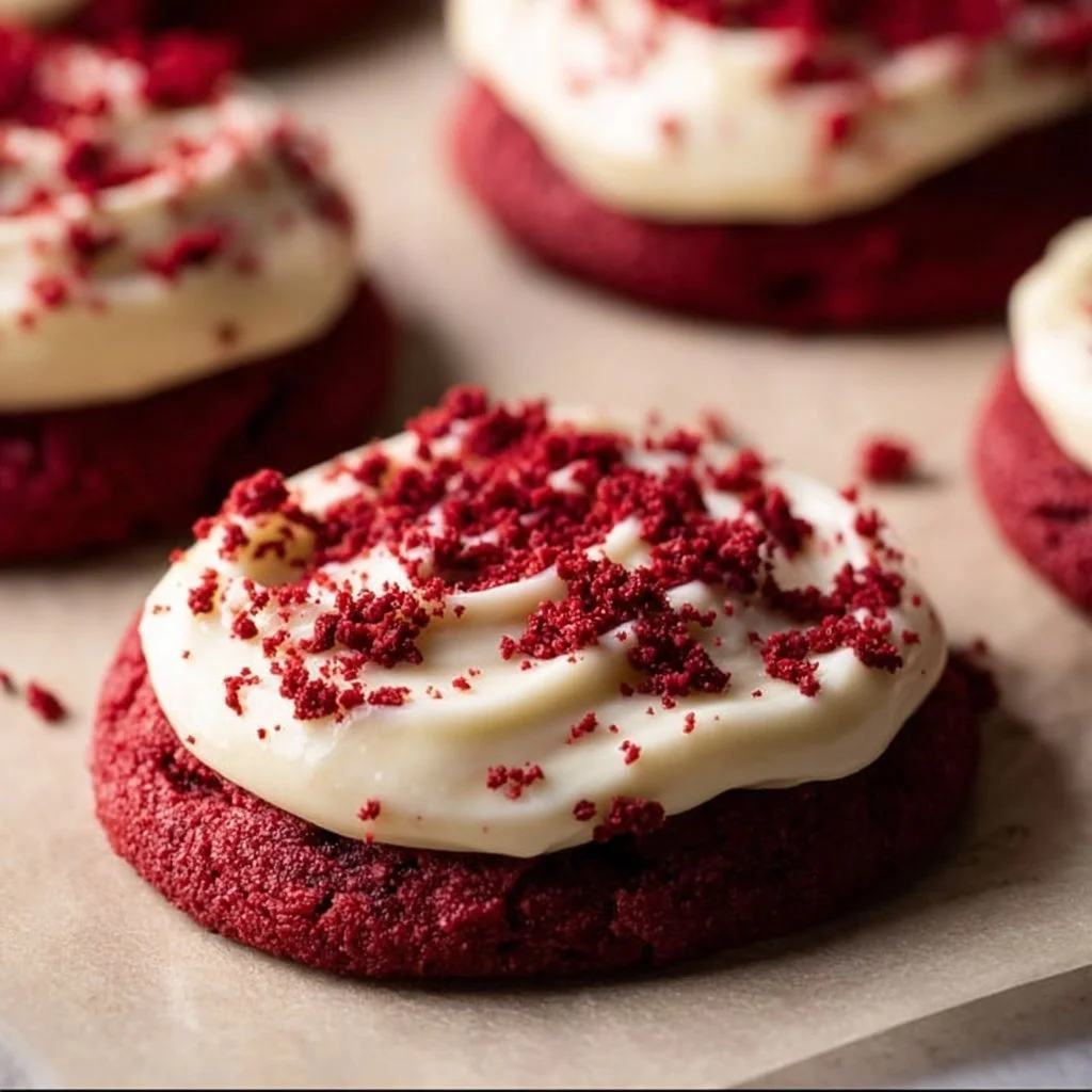 Frosted red velvet cupcake cookies with cream cheese icing on a plate