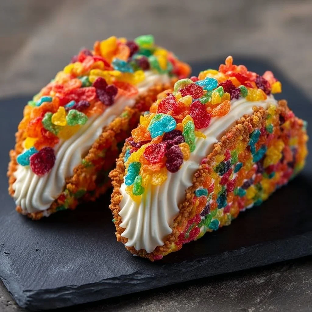 Delicious Fruity Pebbles cheesecake tacos with colorful sprinkles