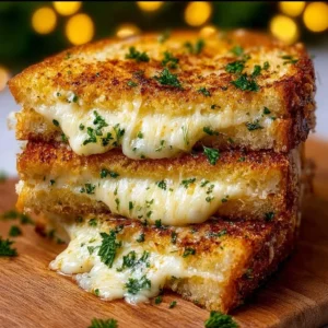 Delicious garlic bread grilled cheese sandwich with melted cheese and golden crust