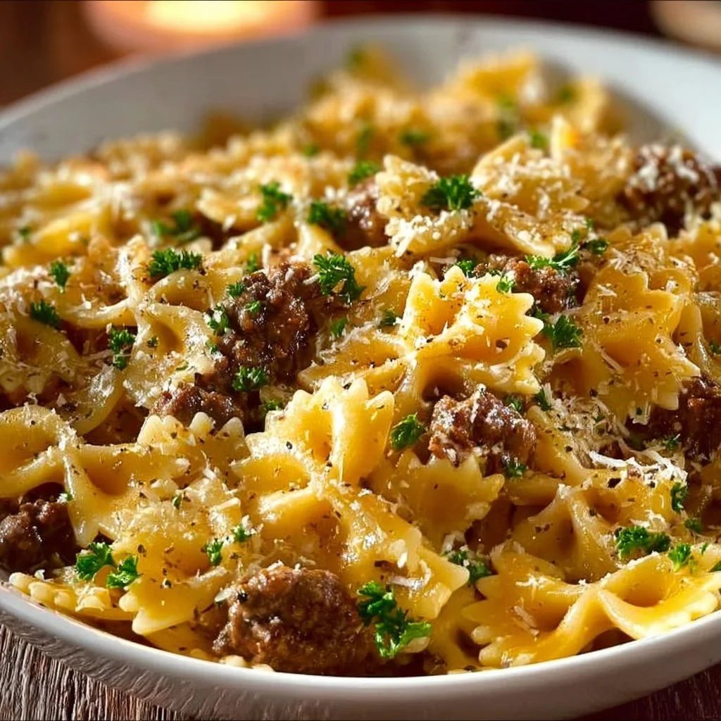 Garlic Butter Beef & Cheesy Bowtie Pasta