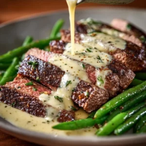 Garlic Butter Steak drizzled with Parmesan Cream Sauce on a plate