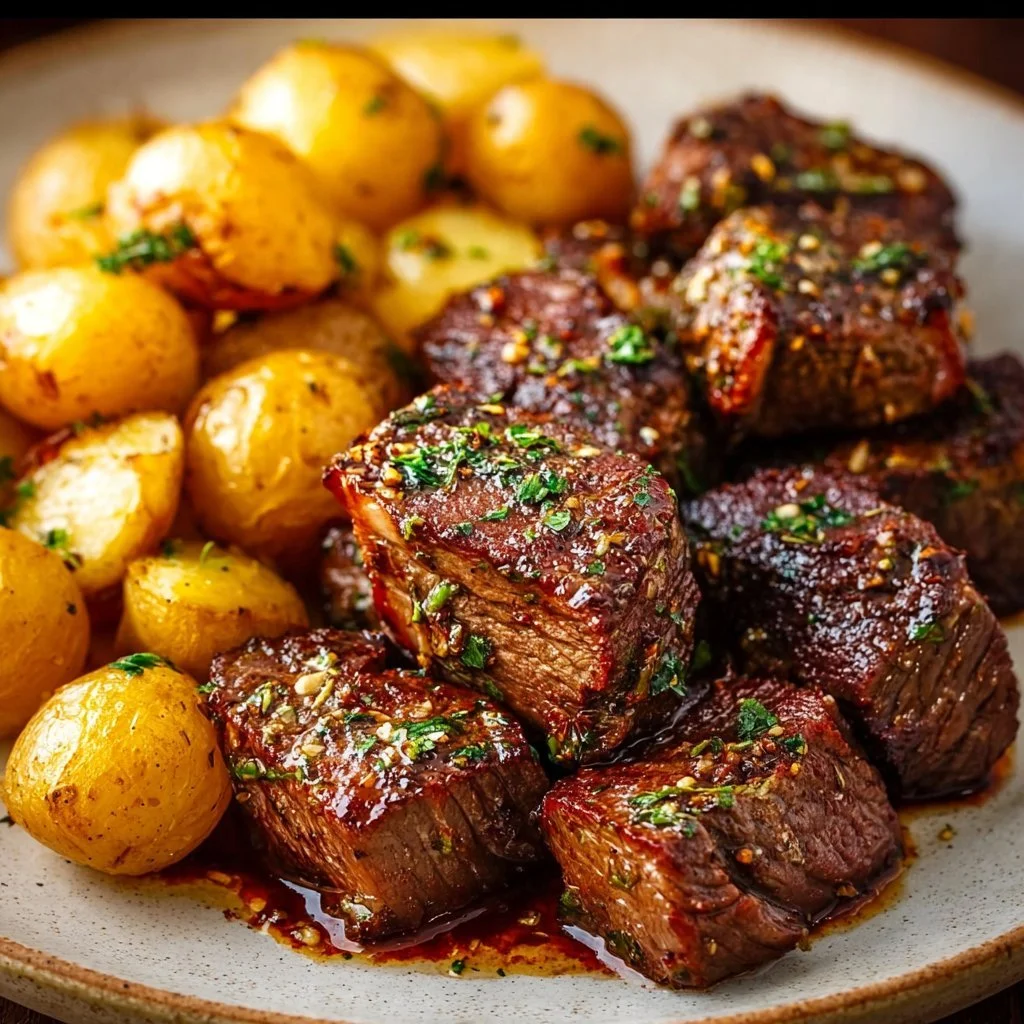 Delicious Garlic Steak Bites served with roasted potatoes