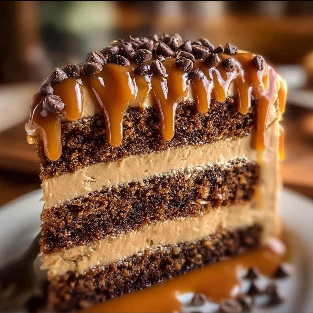 Gooey Coffee Caramel Cake topped with caramel drizzle and coffee beans