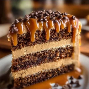 Gooey coffee caramel cake topped with caramel drizzle and coffee beans