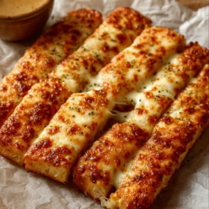 Homemade cheesy breadsticks served on a wooden platter with melted cheese