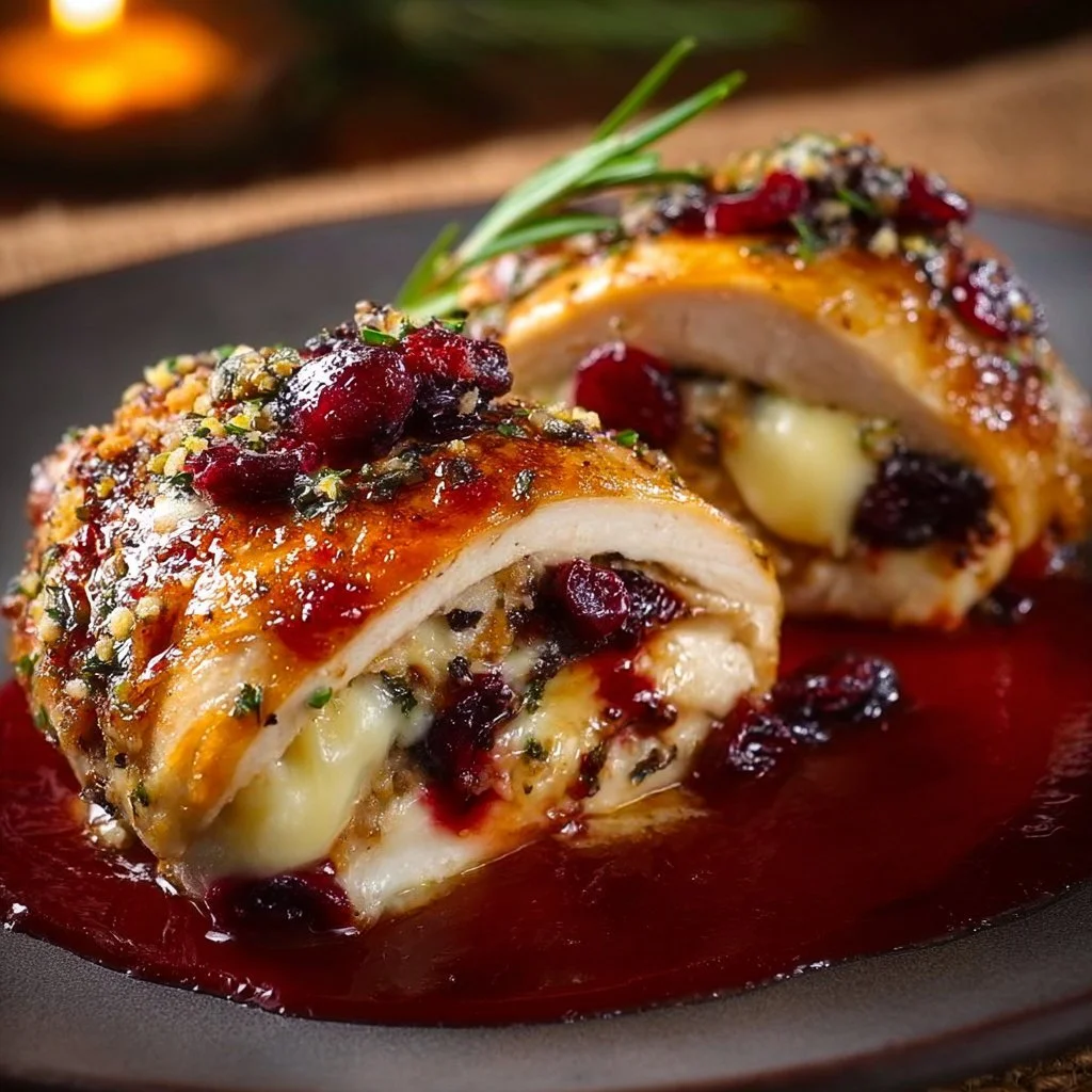Cranberry brie stuffed chicken plated with herbs and garnishes