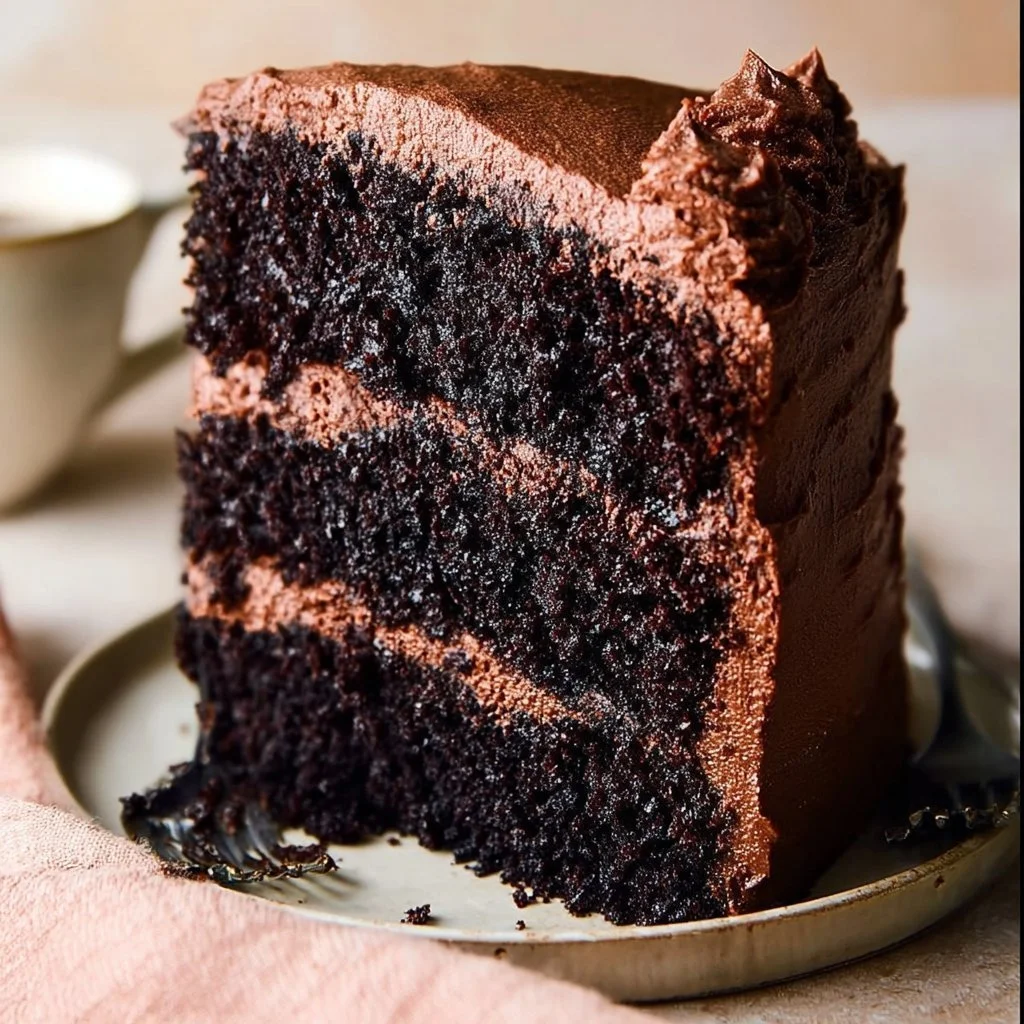 Ina Garten's delicious chocolate cake topped with rich frosting and garnishes