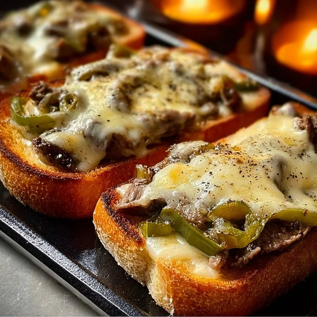 A delicious plate of Steak and Cheese Garlic Toast topped with fresh herbs