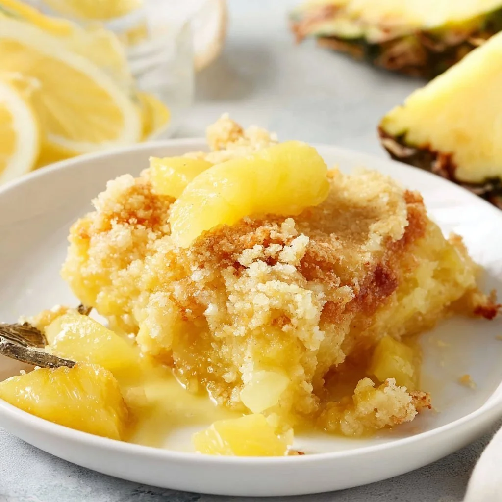 Delicious Lemon Pineapple Dump Cake served on a plate with fresh pineapple slices.