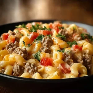 Delicious Loaded Cheeseburger Alfredo Pasta topped with cheese and fresh herbs