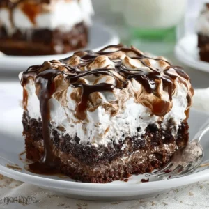 Delicious Marshmallow Chocolate Poke Cake with chocolate drizzle and marshmallow topping.