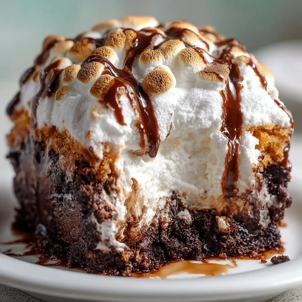Delicious Marshmallow Chocolate Poke Cake with gooey marshmallow filling