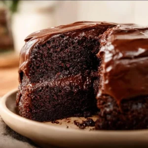 A slice of Matilda's decadent chocolate cake with rich chocolate frosting