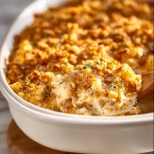Deliciously baked Million Dollar Chicken Casserole topped with cheese and herbs