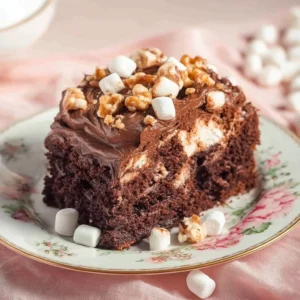Delicious Mississippi Mud Cake with chocolate and marshmallows on a plate
