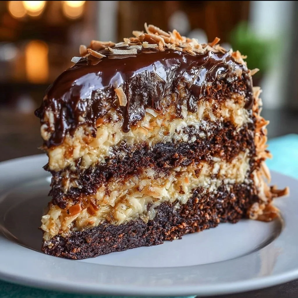 Moist German chocolate cake topped with coconut-pecan frosting