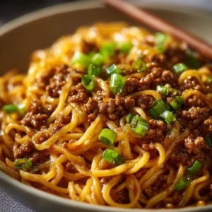Delicious Mongolian Ground Beef Noodles garnished with fresh herbs