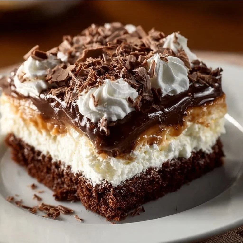 Delicious Mounds Poke Cake topped with chocolate and coconut flakes.