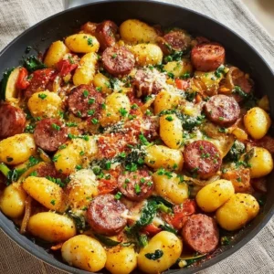 Delicious kielbasa gnocchi skillet with vegetables and spices