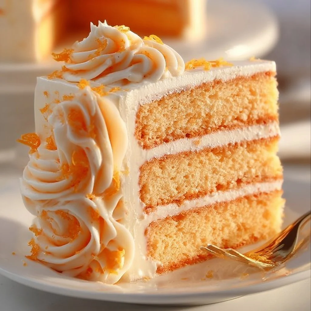 Deliciously fluffy Orange Creamsicle Cake with orange frosting and cream filling