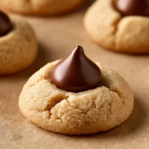 Homemade Peanut Butter Blossoms cookies topped with chocolate kisses.